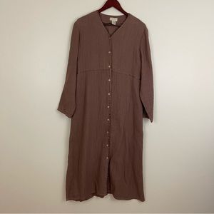 J. Jill Brown Long Sleeve Long Maxi Dress V-Neck Linen Cotton Dress Sz MP